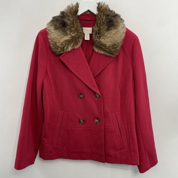 Chicos Pea Coat Jacket Mob Wife Double Breasted Faux Fur Red Womens 1 US 8 - Picture 1 of 9